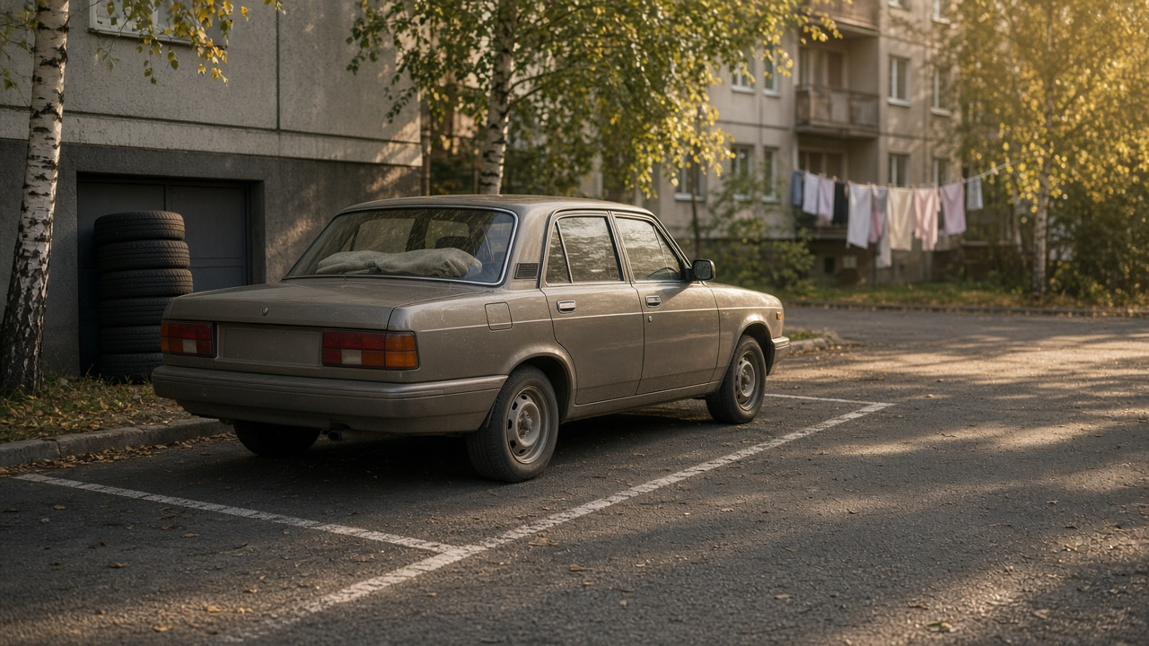 Старый седан стоит на своём месте во дворе панельного дома рядом с пустой линией разметки — шины у подъезда и сложенный чехол на полке говорят, что машину давно не собираются менят