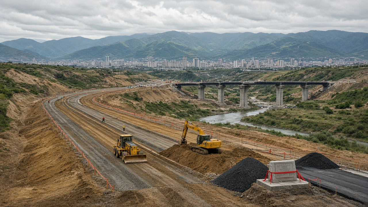 Excavators and graders carve a fresh four-lane bypass through Caucasus foothills outside Grozny, with bridge pilings over a river valley and a ribboned foundation stone marking the