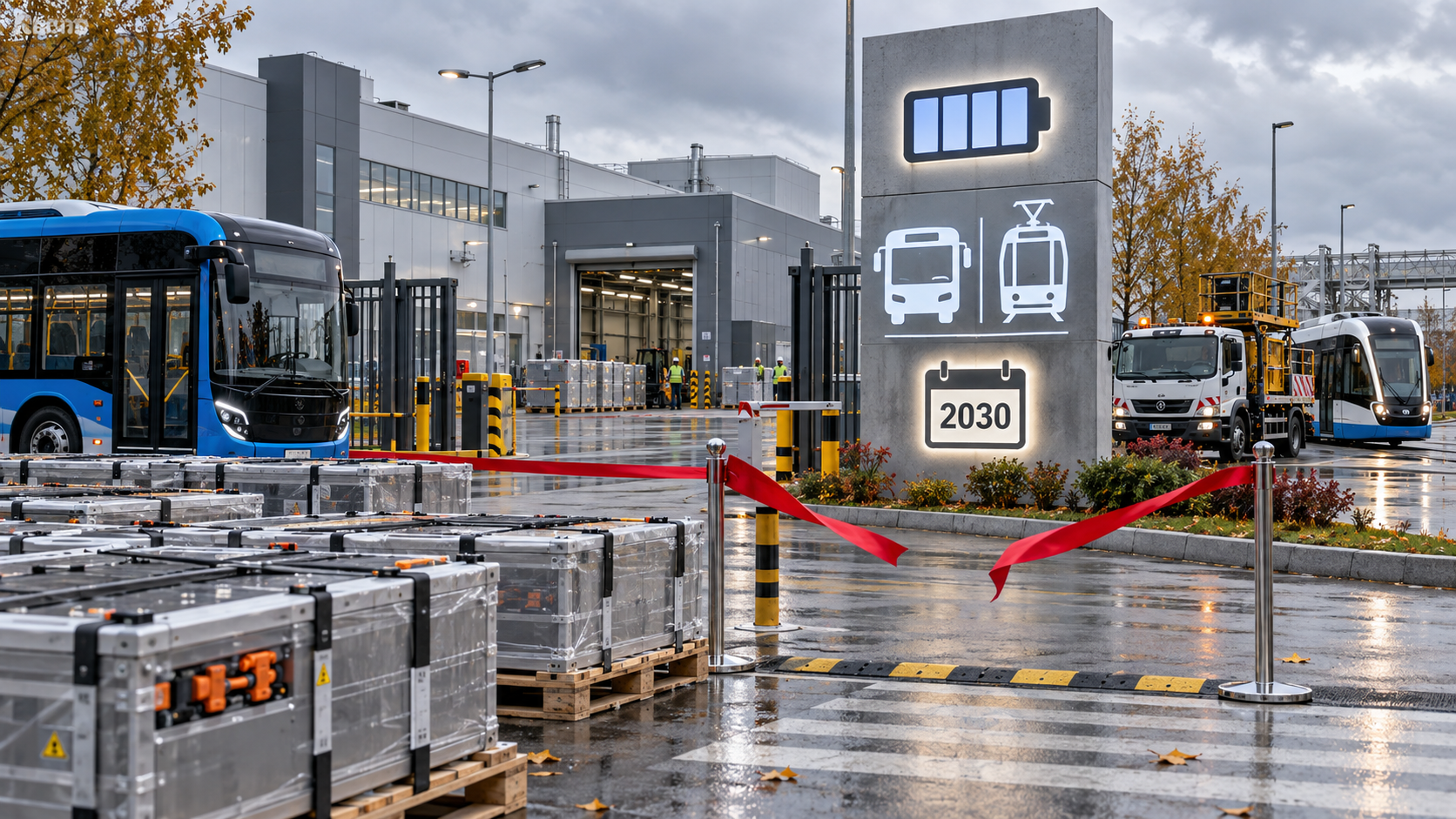 Battery crates outside a new Moscow industrial cluster gate connect the opening ceremony to electric buses and tram-service transport waiting for local traction cells by 2030.