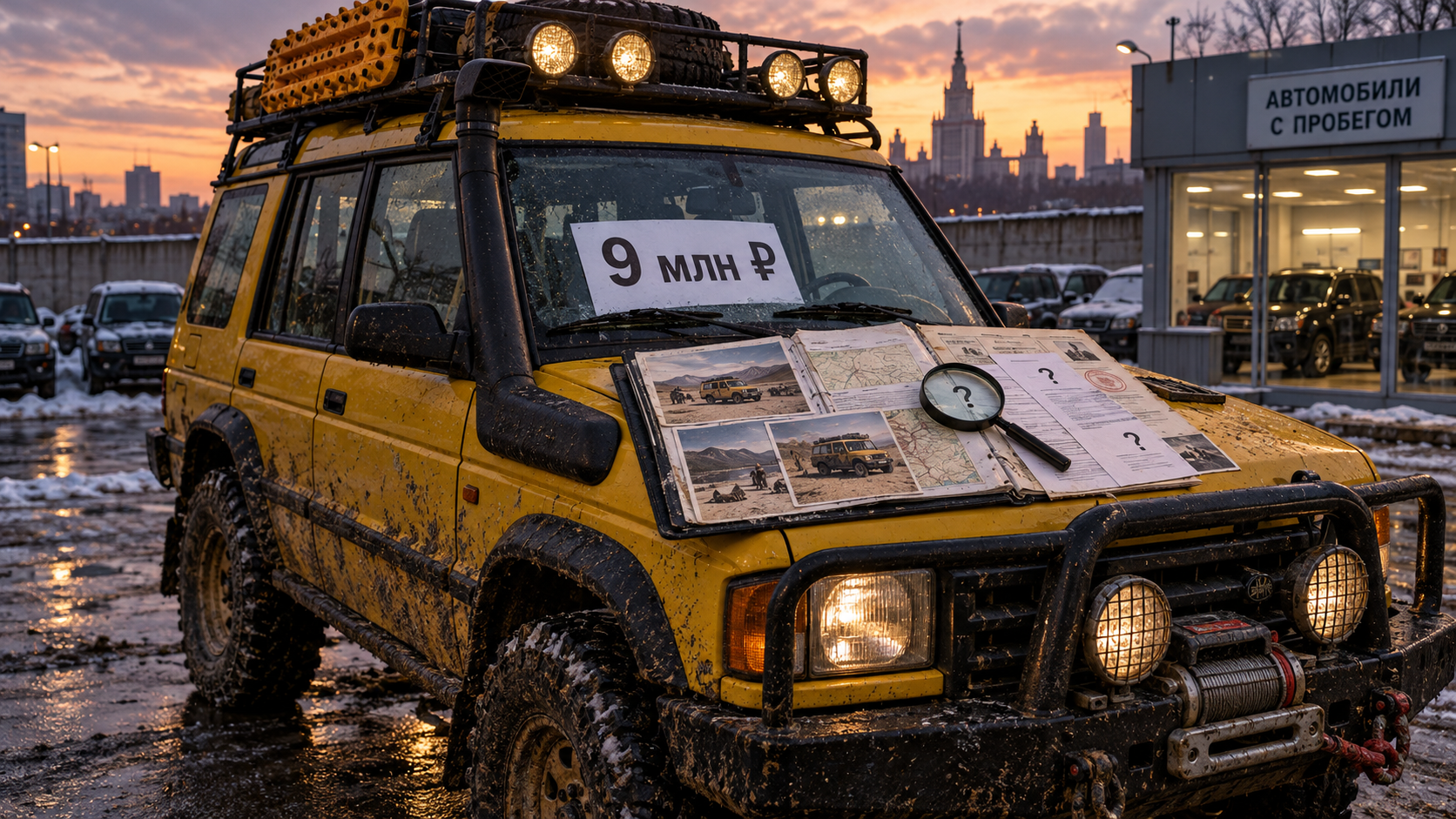 Жёлтый экспедиционный Discovery на московской площадке с ценником 9 млн ₽ и папкой непроверенных документов на капоте показывает, что продаётся не просто внедорожник, а спорная лег