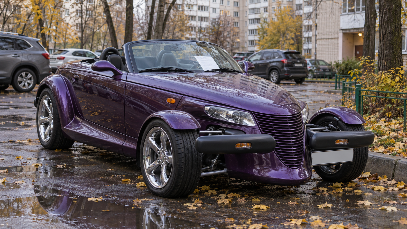 Purple Plymouth Prowler-style hot rod parked in a wet Moscow courtyard with a blank for-sale sheet, making the rare 10-million-ruble collectible sale recognizable without text.