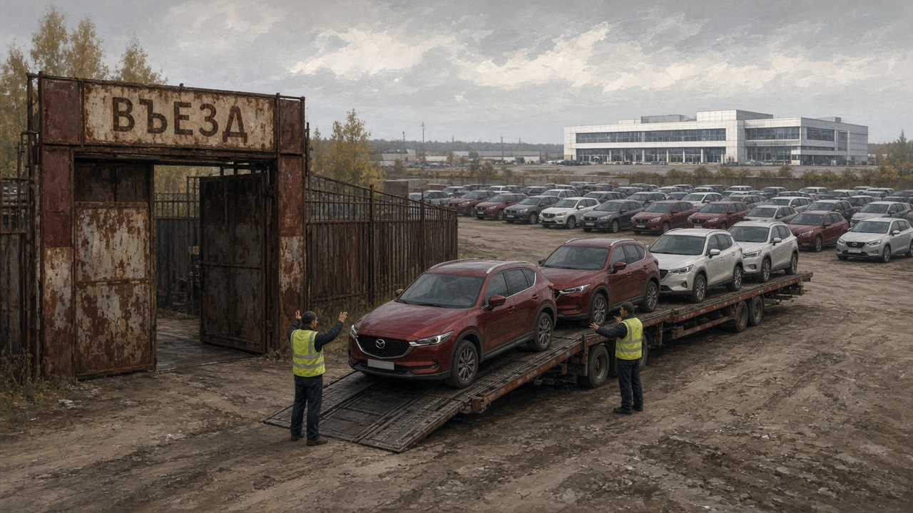 На грязном параллельном въезде у склада с вывеской «ВЪЕЗД» с автовоза сходят новые кроссоверы в духе Mazda CX-5, а пустой официальный салон остаётся позади.