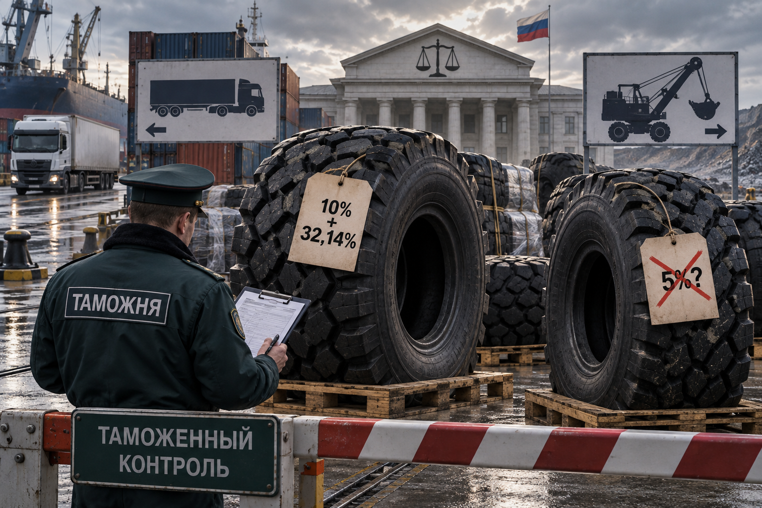 Огромные китайские шины на таможенном дворе разделены между силуэтом дорожного грузовика и спецтехники, а бирки 5% и 10% + 32,14% показывают спор о льготной классификации.