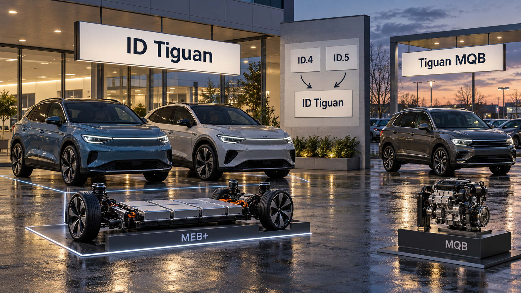 Два электрических кроссовера ID.4/ID.5 объединены под вывеской ID Tiguan рядом с обычным Tiguan на другой технической базе, показывая одно имя для разных платформ.