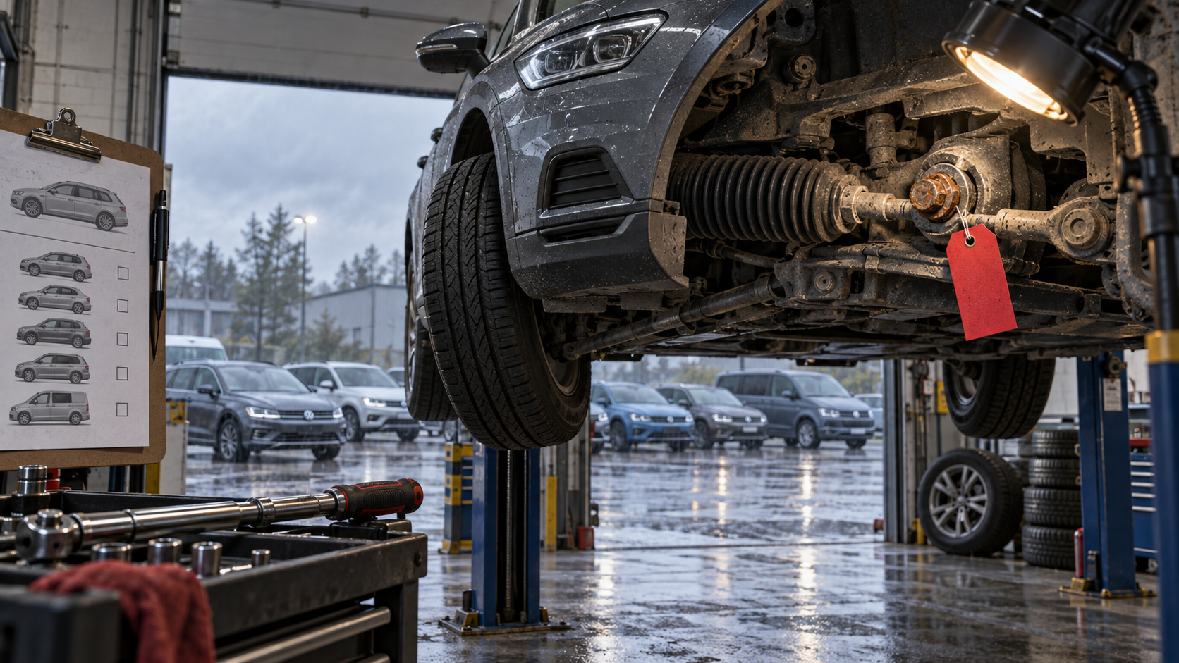 Empty garage inspection bay with a Volkswagen-like car on a lift, its steering joint exposed under a lamp and a rusty bolt marked by a recall tag.