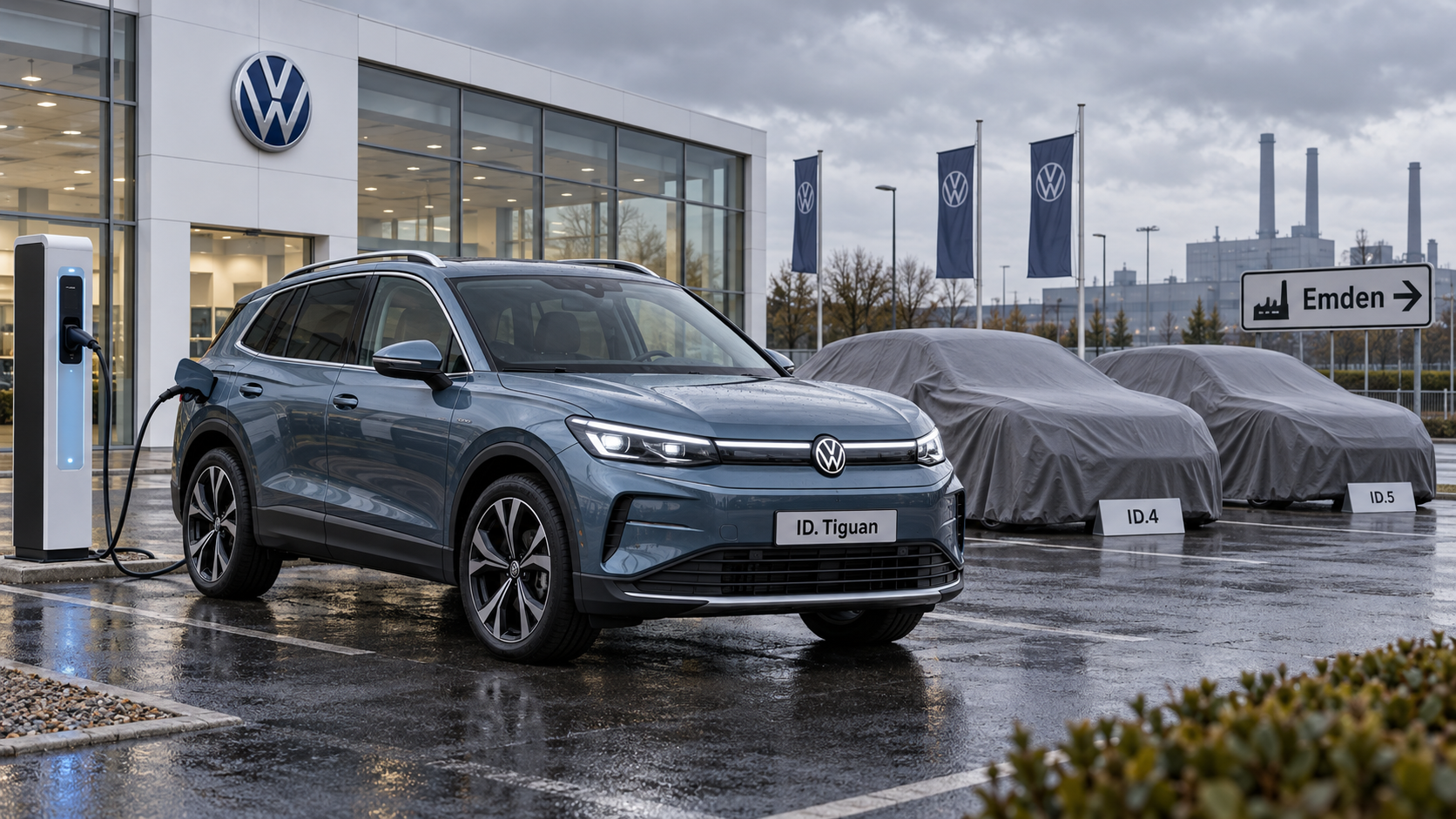 Электрический ID. Tiguan стоит на зарядке у немецкого дилерского центра с указателем Emden и закрытыми предшественниками ID.4/ID.5 рядом.