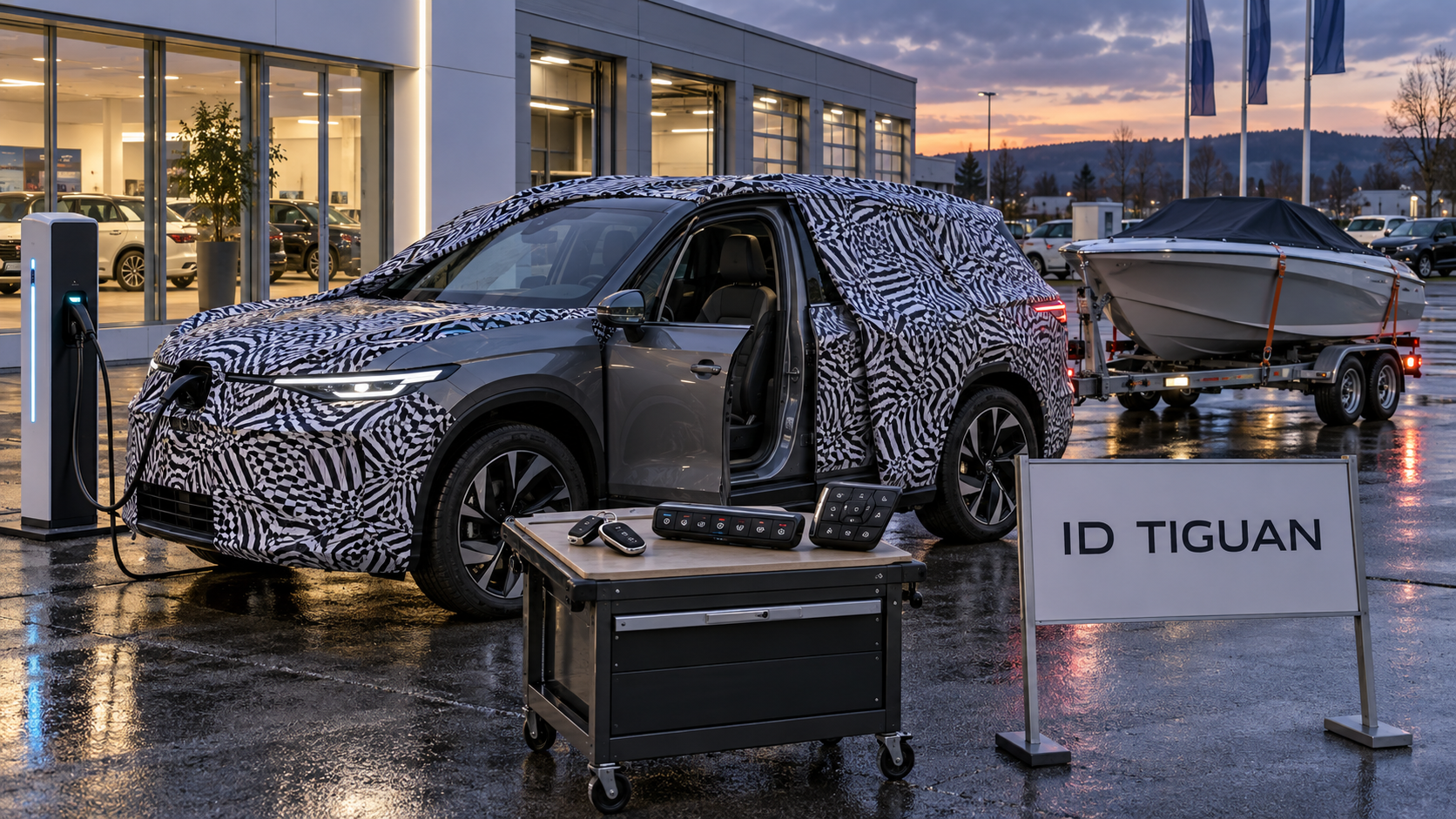 Замаскированный электрический кроссовер ID Tiguan стоит у дилерского сервиса с прицепом, зарядкой и вынесенными физическими кнопками, связывая переименование ID 4 с фейслифтом, зап