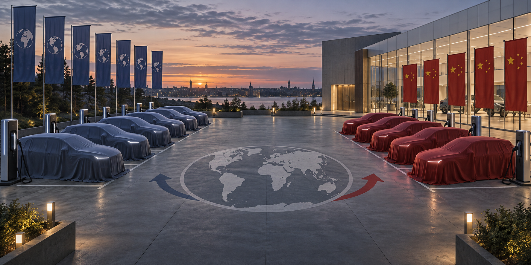 Empty dealership lot with two separated rows of covered electrified cars, seven for western markets and six for China, signals Volvo’s 13-model global rollout by 2030.