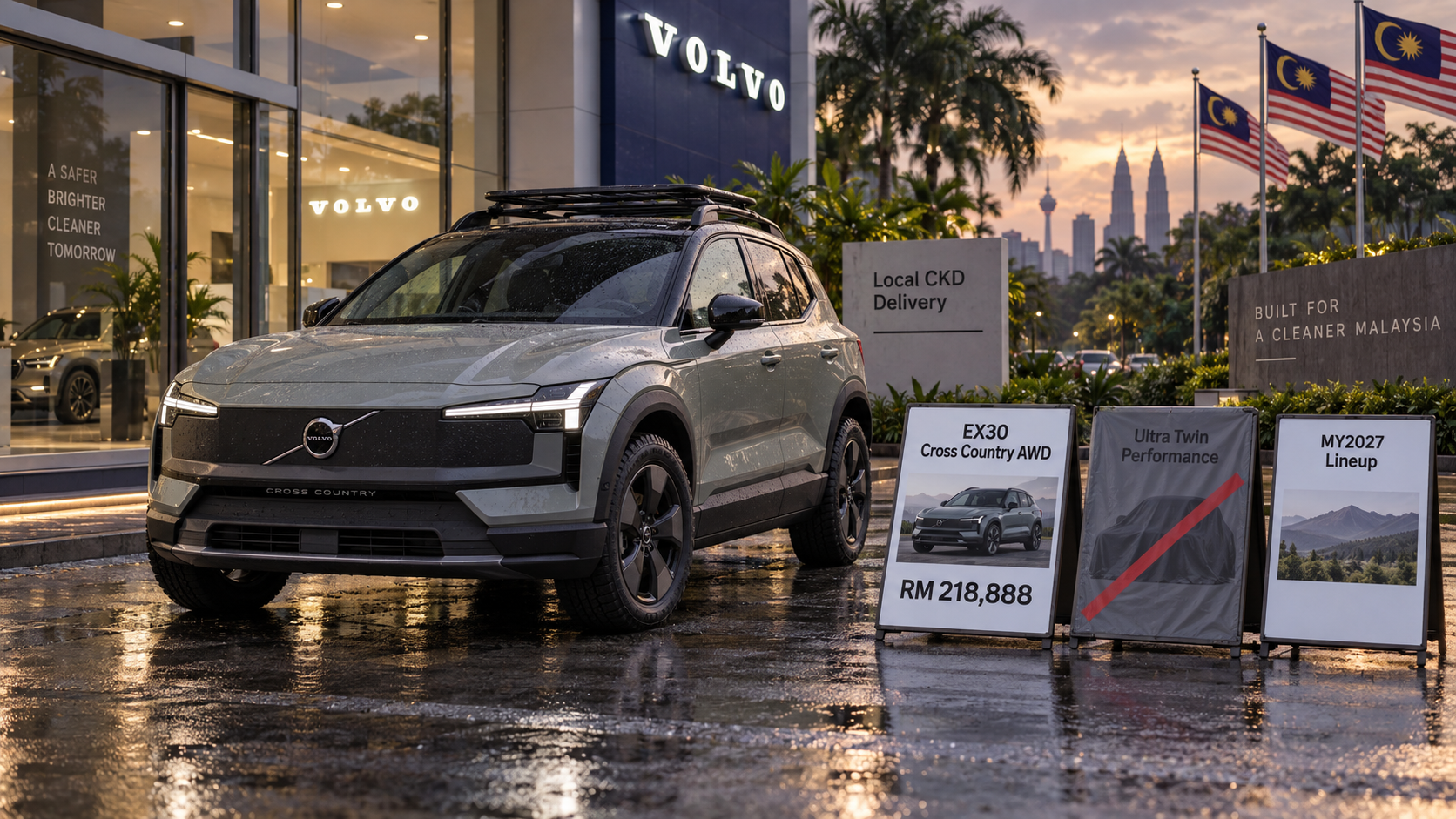 Volvo EX30 Cross Country stands in a rainy Malaysian dealership lot beside lineup boards showing it as the MY2027 AWD choice at RM 218,888 while the old Ultra Twin Performance plac