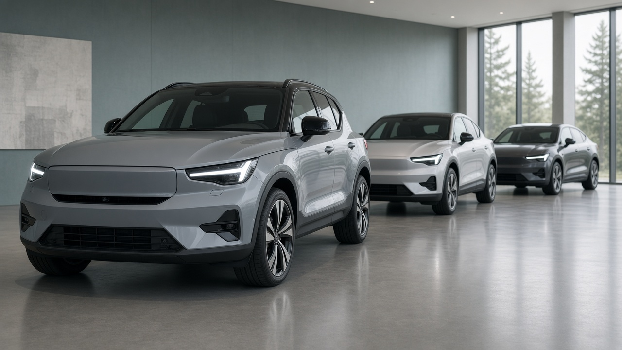 В пустом скандинавском шоуруме три компактных Volvo стоят в ряд — у всех новый нос до передних стоек, а у купеобразного EC40 сзади остаётся старый силуэт.