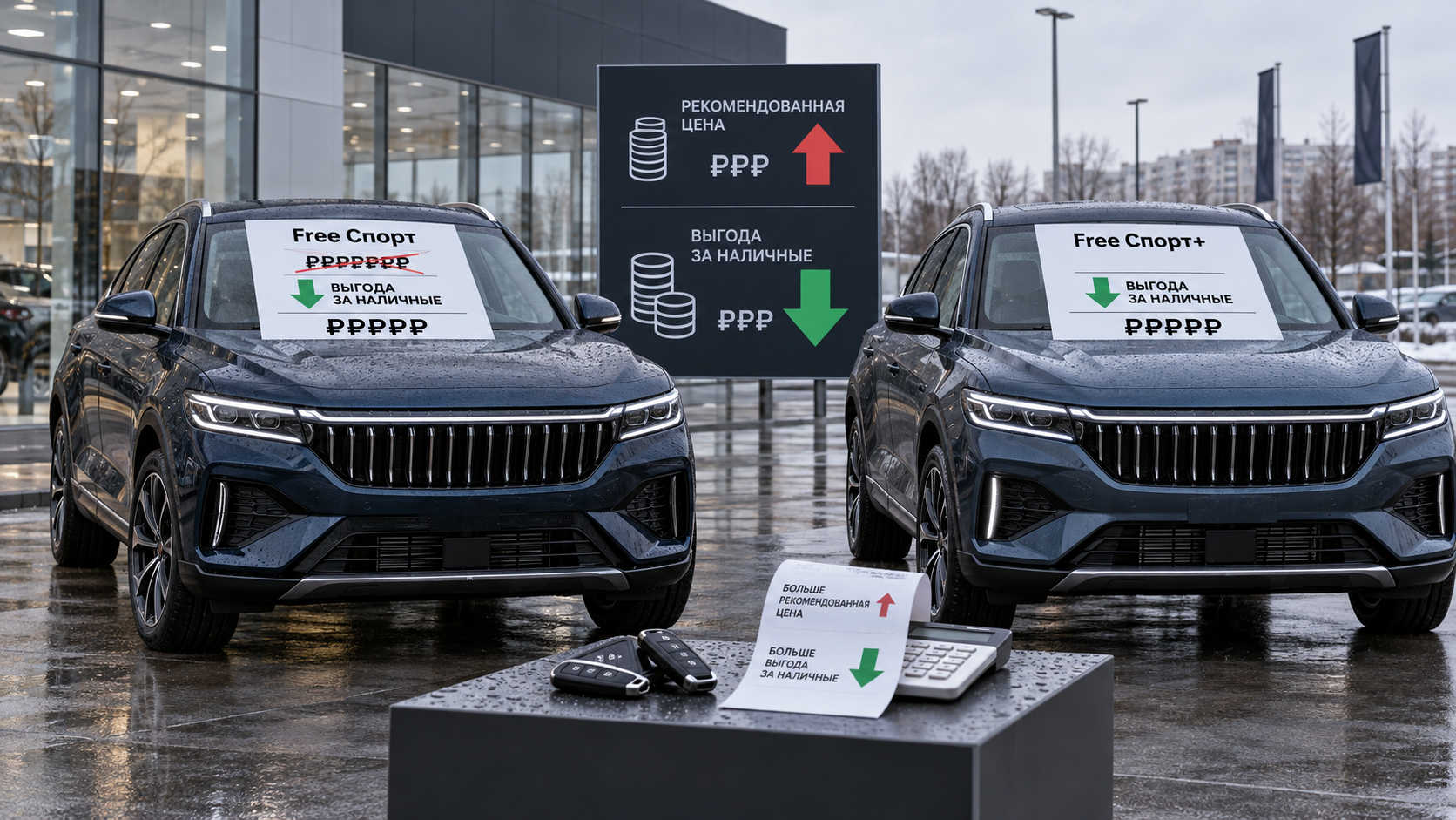 Two nearly identical Free “Спорт” and “Спорт+” crossovers sit on a dealership forecourt with matching cash-benefit price placards, showing the pricing twist without people or scree