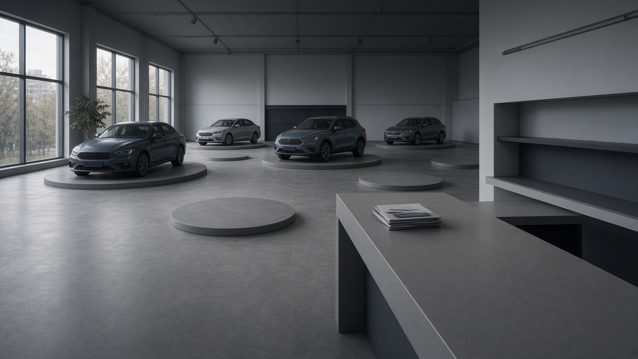 A half-empty dealership showroom with only a few cars left on display and bare pedestals where the rest of the model range was removed.