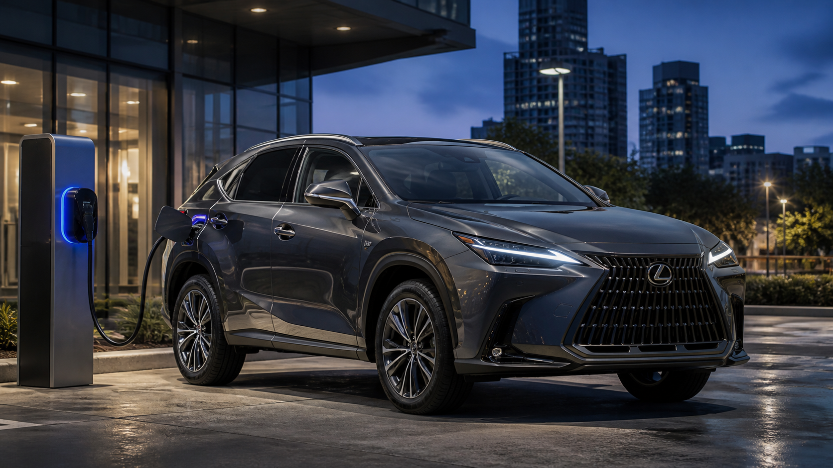 Новый Lexus NX подключен к зарядной станции в вечернем городе