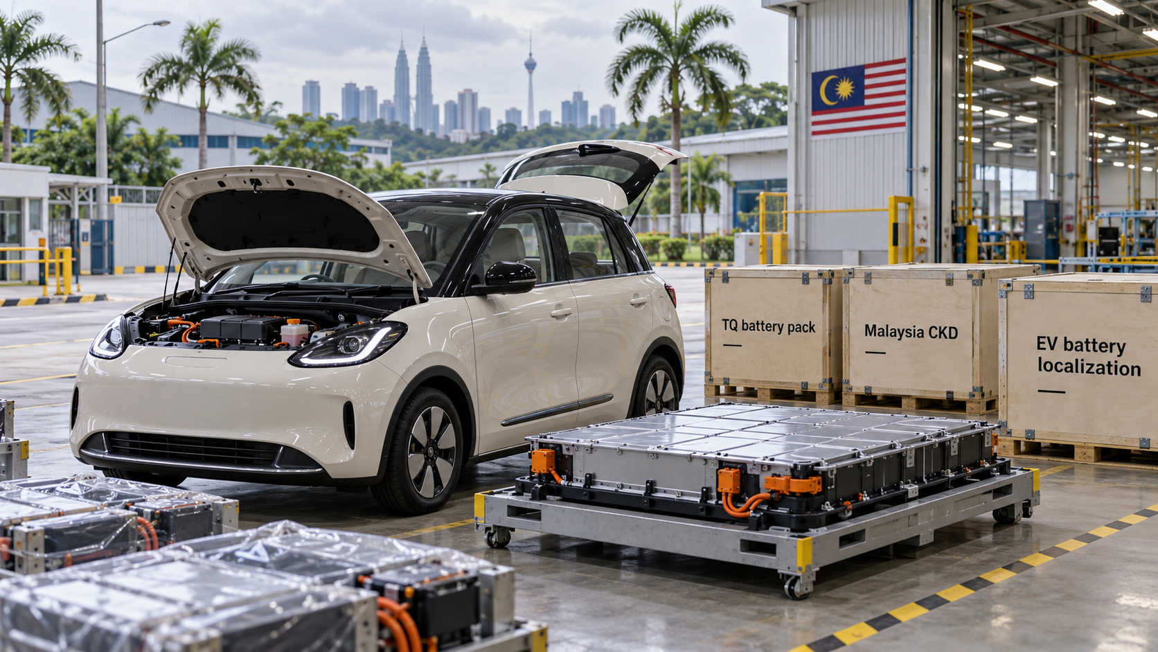 Compact EV at a Malaysian factory gate with its battery pack staged on CKD assembly pallets, showing TQ Wuling’s shift from car assembly to localized battery production.