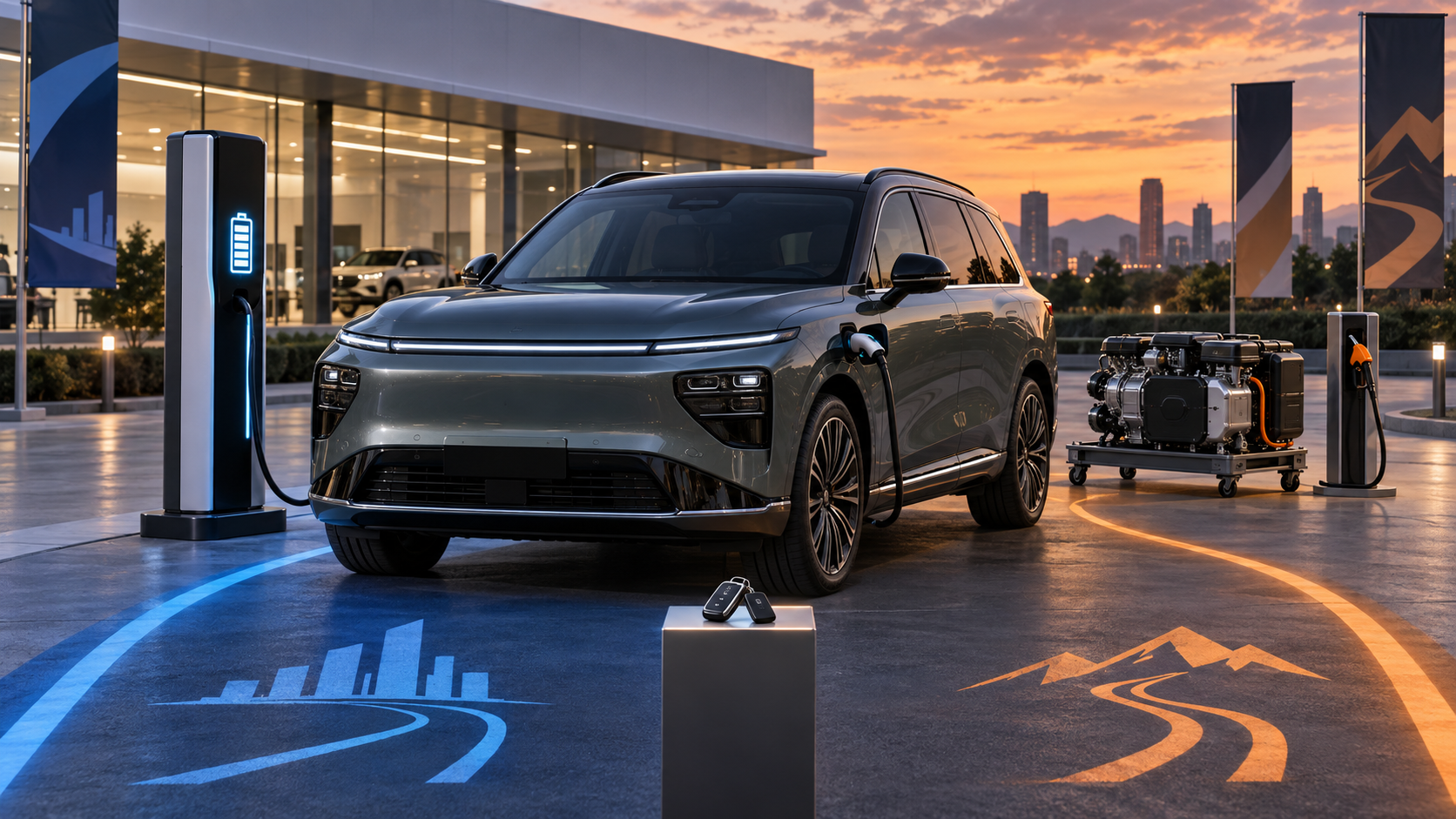 Большой SUV на дилерской площадке разделён между зарядной колонкой и бензиновым range-extender модулем, показывая две версии XPeng G9L в одном кузове.