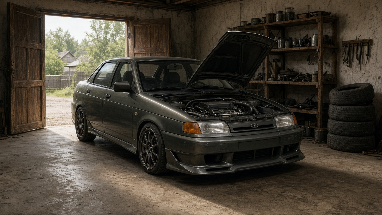 A wide-bodied VAZ-21106 sits in a Tver garage with its hood open, the humble Soviet sedan hiding a modern four-cylinder swap that explains the 150-hp Opel heart under a «десятка» s