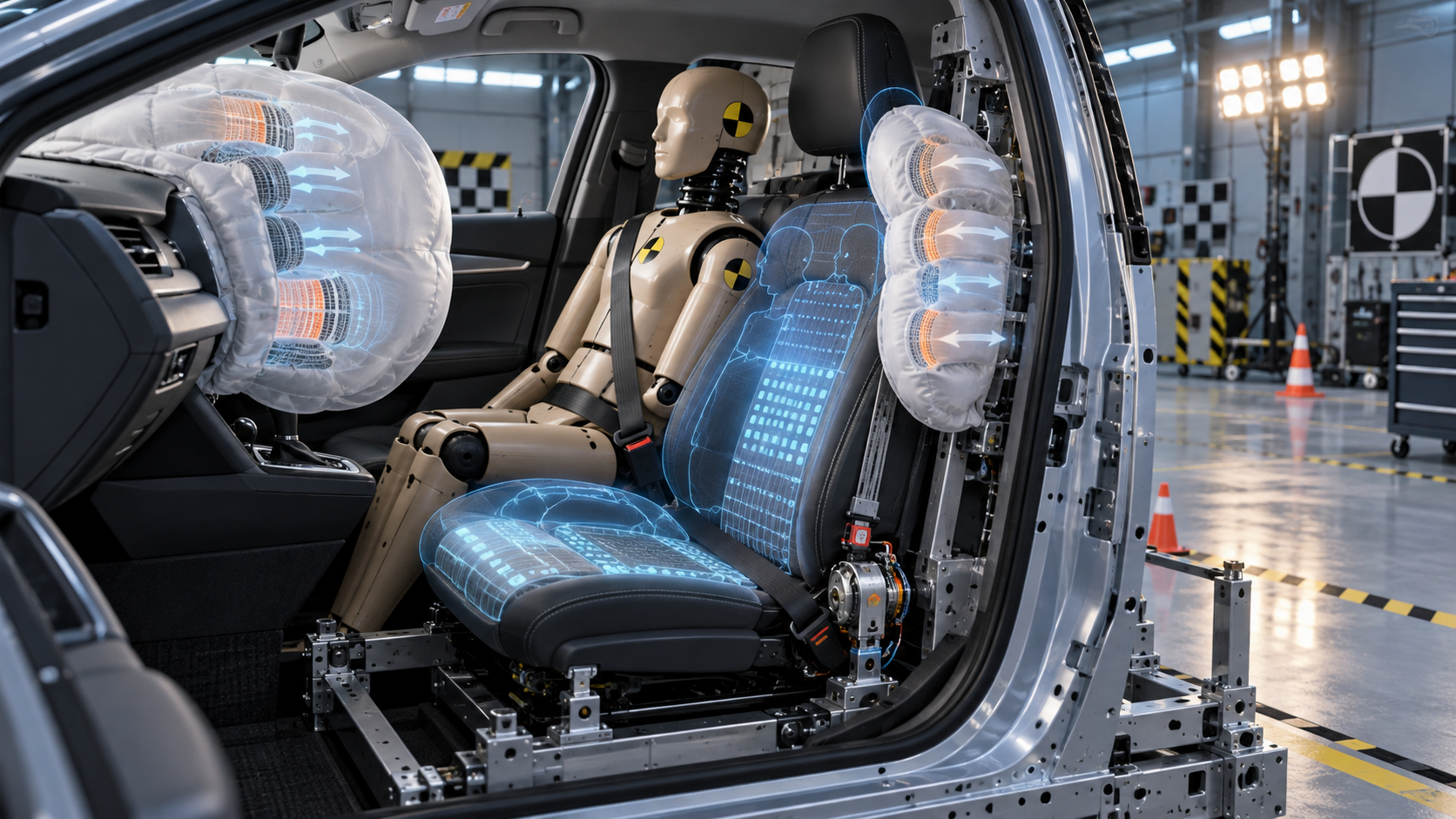 Empty safety-test garage with a cutaway passenger seat, sensor grid, seat belt tensioner, and adaptive semi-transparent airbags showing occupant recognition tied directly to restra