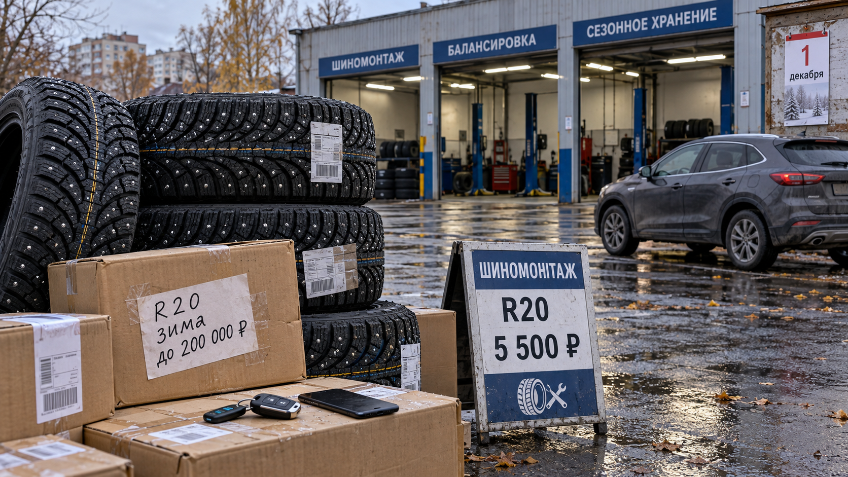 Large online-delivered R20 studded winter tires sit in a quiet Russian tire-service courtyard with price tags and no queues, showing marketplace demand rising before the first snow