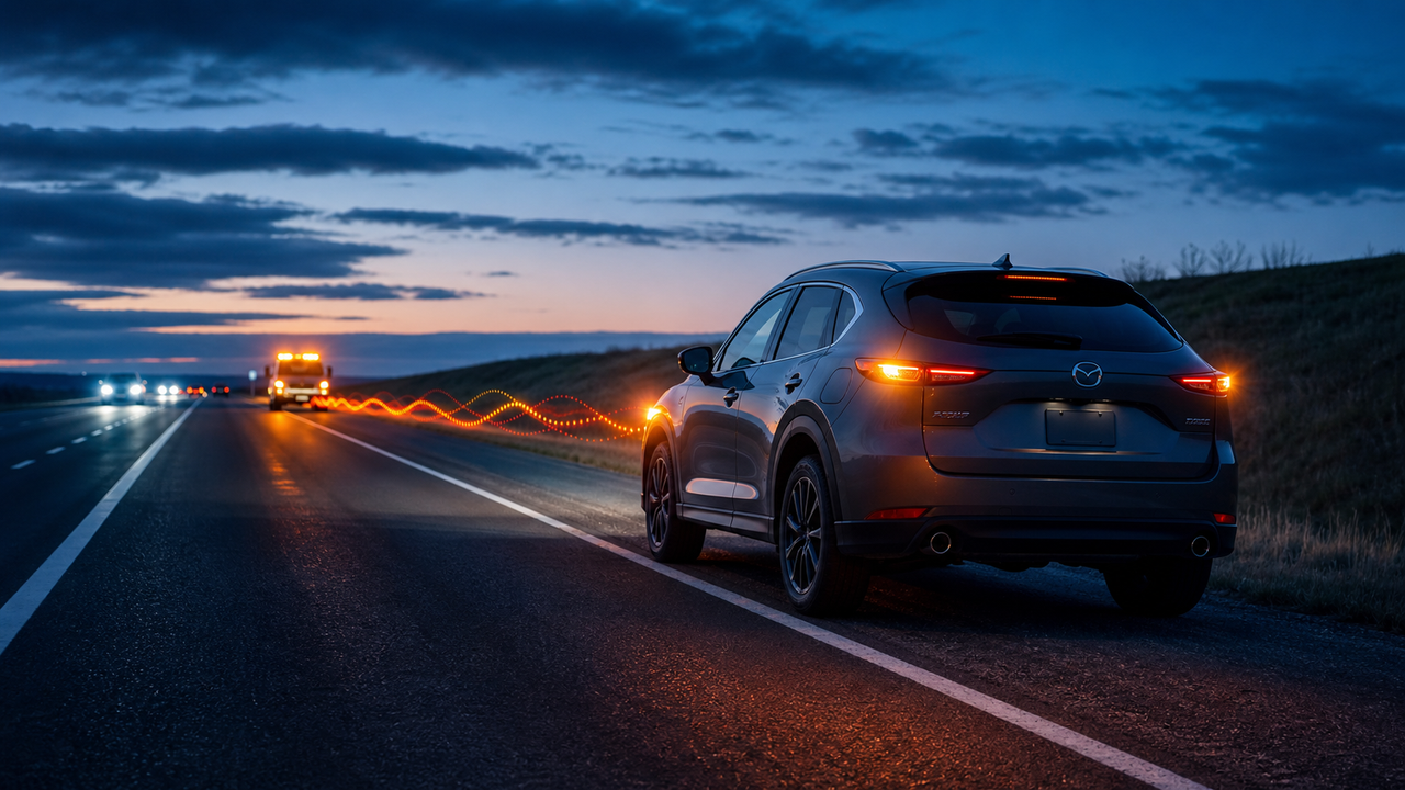 Mazda на обочине передаёт цифровое предупреждение приближающимся водителям