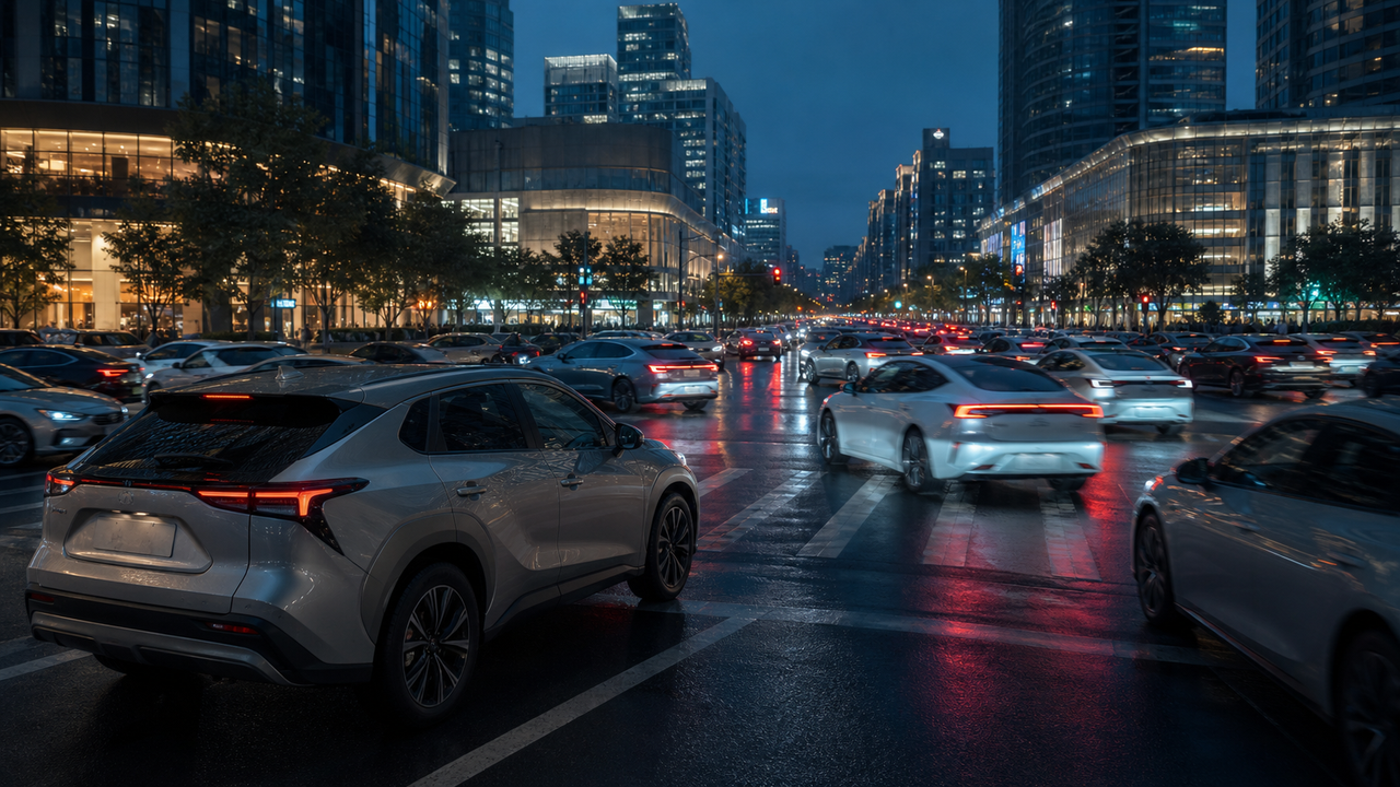 Автомобили Toyota в плотном вечернем потоке большого китайского города
